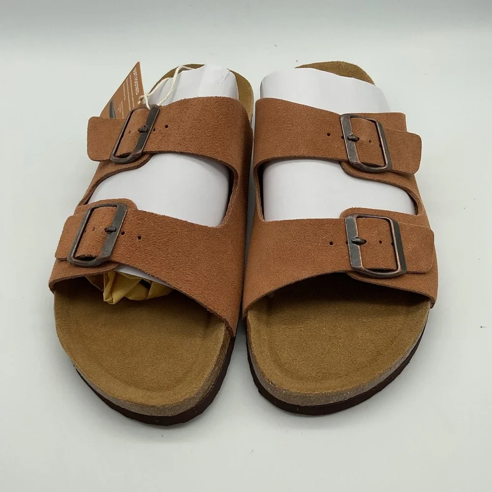 Project Cloud Mens Two Strap Slide Sandals Tan Suede Memory Foam Footbed Size 10